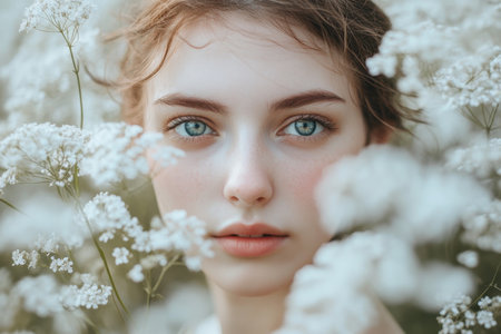 Young woman gazes softly through delicate white flowers, showing her striking blue eyes and serene expression.の素材