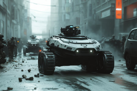 A heavily armored vehicle navigates a desolate city street filled with rubble and soldiers amidst a standoff.の素材