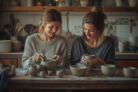 Friends create beautiful ceramic pieces while sharing laughter and ideas in a warm, inviting studio.の素材