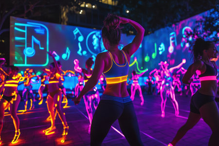 Exciting outdoor fitness event features participants in neon costumes dancing under colorful lights at night.の素材