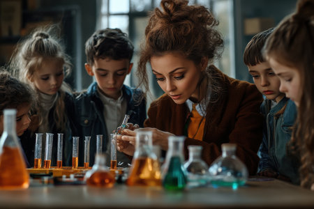 A group of children observes an adult conducting a colorful chemistry experiment in a classroom.の素材