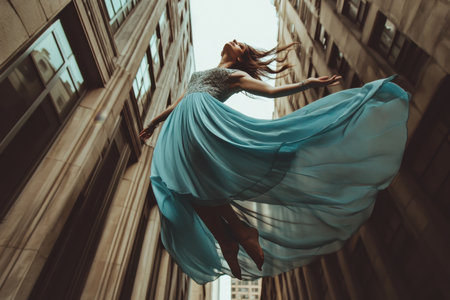 A woman wearing a blue dress leaps in mid-air, surrounded by tall city buildings on a sunny day.の素材
