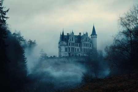 A grand castle stands amid thick fog in a forest, its towers rising against a darkening sky at dusk.の素材