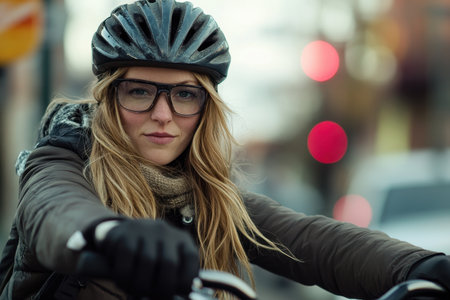 A cyclist pauses at a busy intersection, wearing a helmet and glasses, ready for her next move in cold weather.の素材