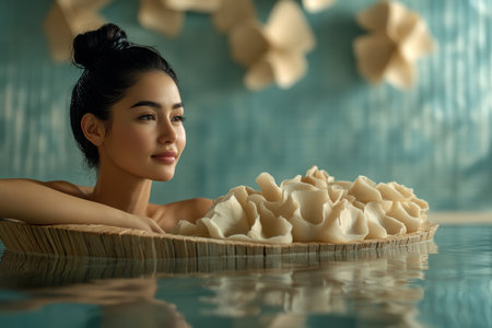 A woman enjoys a peaceful moment in a calming spa bath surrounded by soft floating petals.の素材