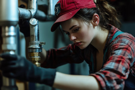 A focused young woman in a plaid shirt and cap repairs a plumbing system under dim lights in a workshop.の素材