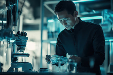 A focused scientist examines samples while working with laboratory equipment in low light conditions.の素材
