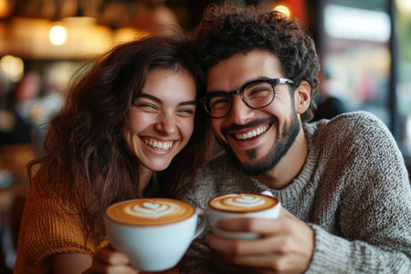 A couple sits together in a warm cafe, happily holding cups of coffee and sharing laughter.の素材