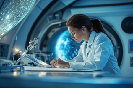 A scientist in a lab coat analyzes data in a high-tech environment. Bright screens and globes surround her.の素材