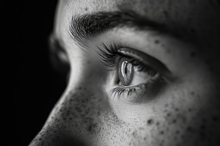 A detailed view of a person's eye showcases distinct freckles and long eyelashes in striking black and white.の素材
