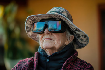 An elderly woman enjoys virtual reality while seated outside, showing her immersive experience in the sun.の素材