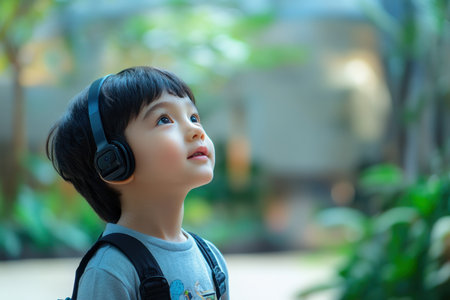 Child with headphones gazes upward, captivated by the lush greenery and light in the background.の素材