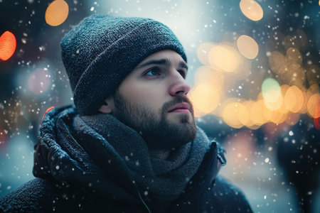 A young man dressed warmly stands outside, looking up at softly falling snowflakes amidst festive lights.の素材
