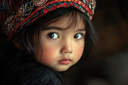 A young child with expressive eyes wears a colorful traditional hat while looking thoughtfully off-camera.の素材