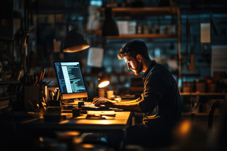 A young man types on a computer in a dimly lit workspace filled with books and desk supplies.の素材