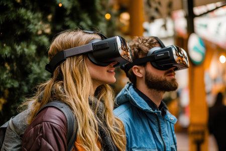 Two individuals wear virtual reality headsets, enjoying an immersive experience in a lively urban environment.の素材