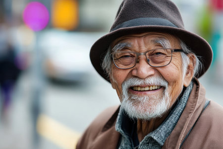 An elderly man with glasses and a hat smiles warmly, bringing joy to the busy urban environment around him.の素材