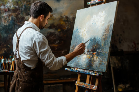 An artist passionately applies paint to canvas while surrounded by various painting supplies in a studio.の素材