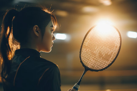 A female badminton player stands poised, holding her racket in a dimly lit indoor court before a match.の素材