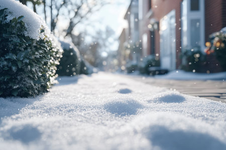 Snow blankets the ground as sunlight glimmers on a tranquil pathway in a residential area.の素材