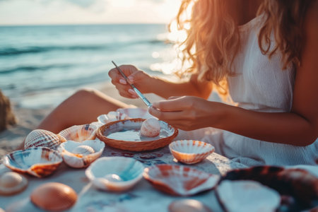 A woman delicately paints seashells while sitting on a beach with the sun setting behind her.の素材