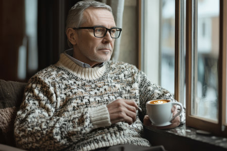 Senior man in a cozy sweater sips coffee while gazing thoughtfully out the window on a winter day.の素材