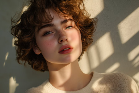 Soft shadows fall on a young woman with curly hair, highlighting her gentle features and captivating gaze.の素材
