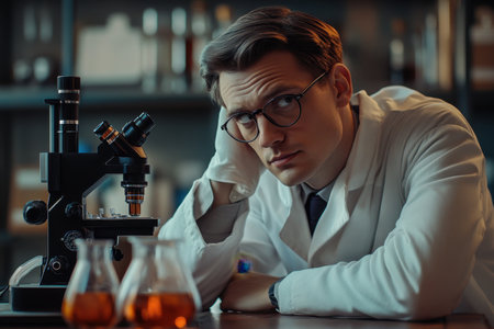 A scientist in a white lab coat examines samples under a microscope while surrounded by glassware.の素材