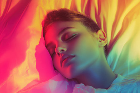 A girl is peacefully resting with her eyes closed, surrounded by vibrant, colorful lighting that enhances the mood.の素材