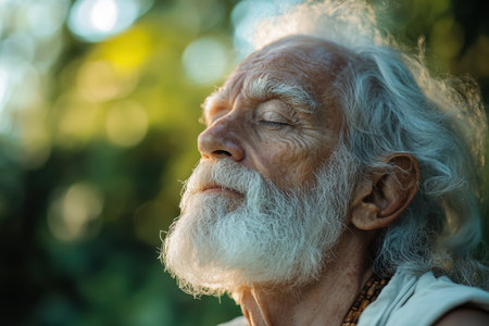 Man with gray hair and beard sits peacefully in nature, eyes closed, embracing tranquility at twilight.の素材
