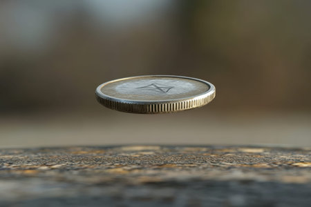 A coin hovers above a rugged surface, capturing the light in an outdoor ambiance during the day.の素材