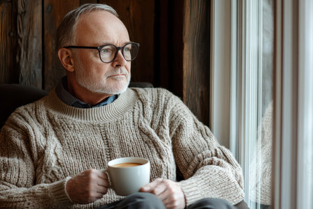 An elderly man in a knitted sweater relaxes with a cup of coffee, looking pensively out the window.の素材