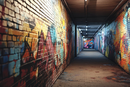 A long alleyway adorned with striking murals highlights the creativity of urban artists in a lively city setting.の素材