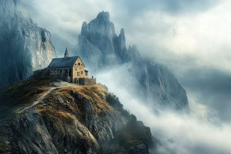 A solitary chapel rests on a rocky hill, enveloped in mist with towering peaks in the background.の素材
