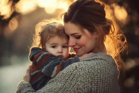 A mother embraces her child with love as the sun sets, creating a warm, golden glow around them.の素材