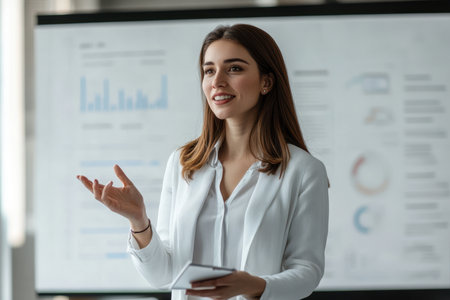 A young woman engages her audience while presenting business analytics in a bright office.の素材