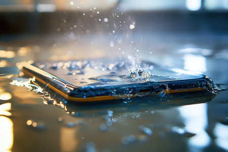 A smartphone is partially submerged in water, with droplets splashing around as it sinks.の素材