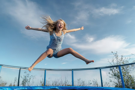 A young girl jumps high on a trampoline, her hair flying, surrounded by a clear blue sky and greenery.の素材