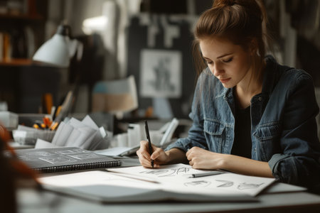 In a bright workspace, a focused woman sketches creative ideas while surrounded by various artistic tools.の素材