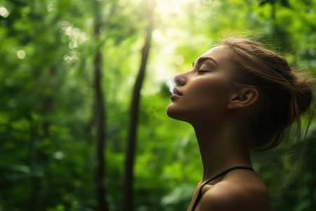 A woman stands peacefully in a green forest, breathing in the fresh air under sunlight filtering through trees.の素材