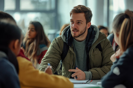 A student enthusiastically participates in a group discussion among peers in a contemporary classroom setting.の素材