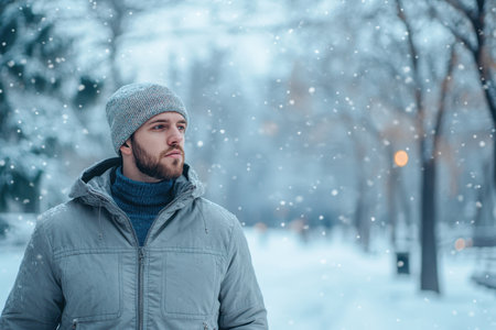 A man stands thoughtfully in a snowy park, surrounded by winter scenery, with soft snowflakes falling around him.の素材