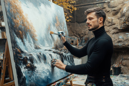 A skilled artist captures a tranquil waterfall landscape in a warm, inviting studio filled with art supplies.の素材