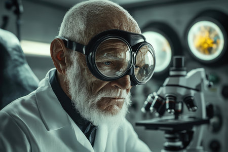 An elderly scientist studies samples under a microscope in a dimly lit laboratory filled with equipment.の素材