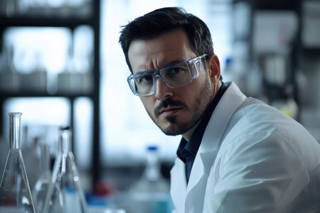 A researcher in a lab coat examines samples with precision while surrounded by glassware and lab equipment.の素材