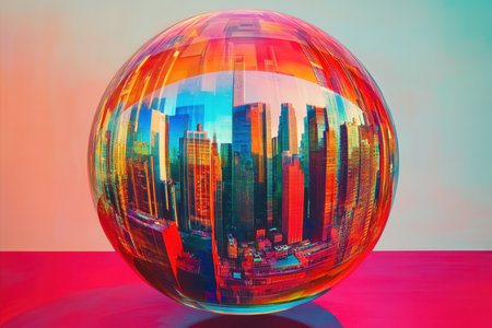 A vibrant glass orb reflects an urban skyline with colorful hues, capturing the essence of the city.の素材