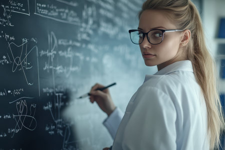 Young scientist wearing glasses explains theories while writing on a chalkboard in a lab environment.の素材