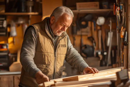 Elderly artisan concentrates on crafting a wooden piece in a cozy workshop filled with tools and materials.の素材