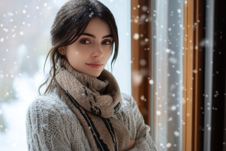 A woman stands by a window, gazing thoughtfully as snowflakes fall gently outside, wearing a warm outfit.の素材