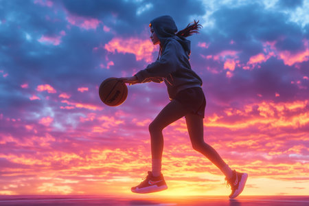 A young girl plays basketball against a stunning sunset, showcasing skill and passion as colorful clouds fill the sky.の素材